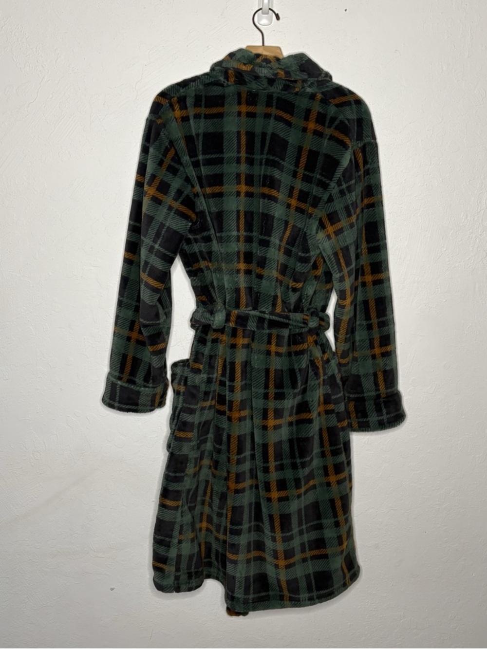 LL Bean Mens S Fleece Robe Green Plaid Shawl Collar Belted Plush Bathrobe Pocket - Picture 8 of 14